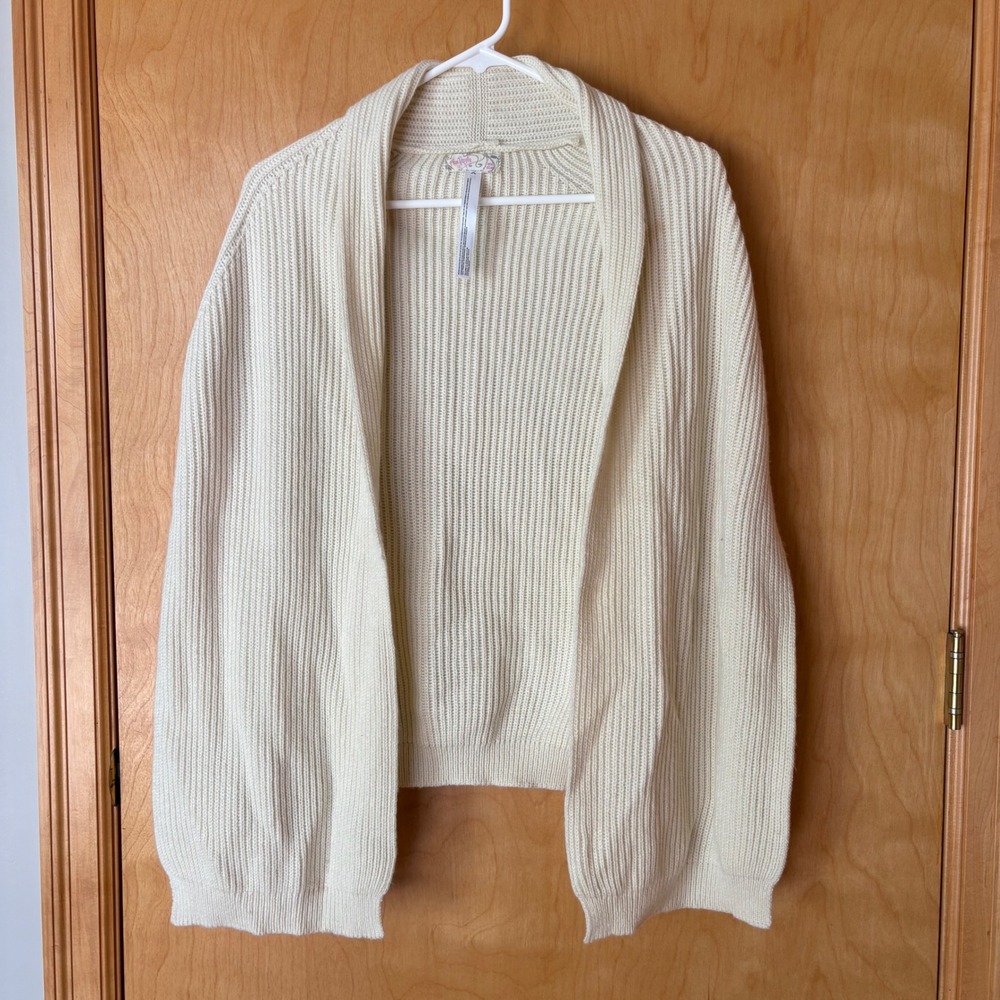 Free People Cardigan Womens OS Cream Ribbed Knit Shawl Collar Open Front Sweater
